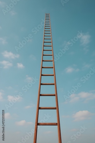 Endless wooden ladder reaching into blue sky