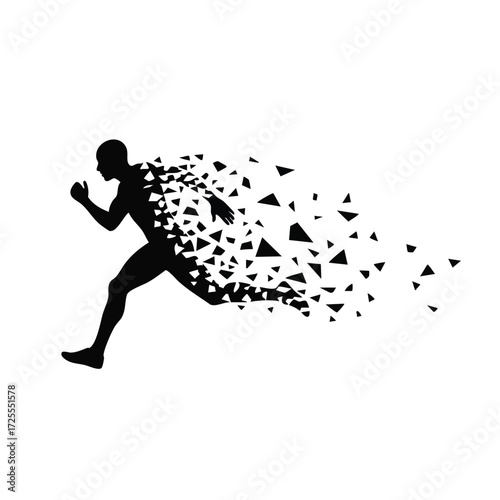 Dynamic silhouette of a runner in motion, fragmented into geometric shapes, symbolizing speed and energy.