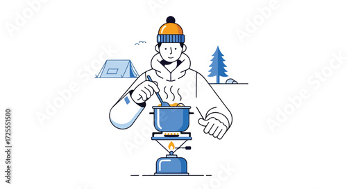 Stylized illustration of a man cooking outdoors while camping in nature with a tent, campfire and a coniferous tree completing the scene