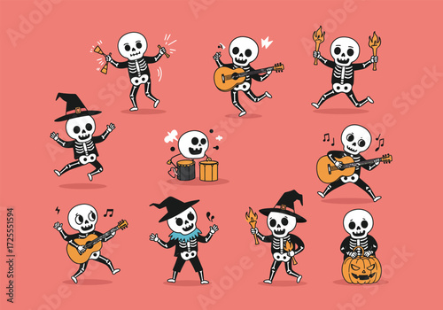 Vector art of skeletons in festive attire play instruments and dance with joy, creating a lively Halloween scene against a clean background the skeletons wear hats and scarves