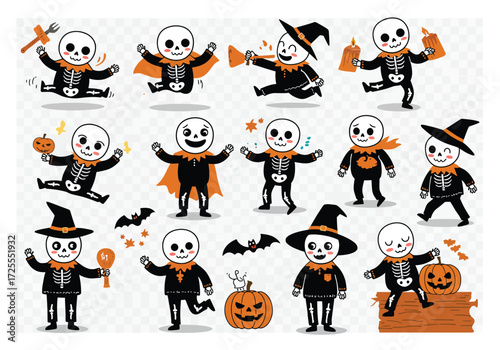Vector art of skeletons in festive attire play instruments and dance with joy, creating a lively Halloween scene against a clean background the skeletons wear hats and scarves