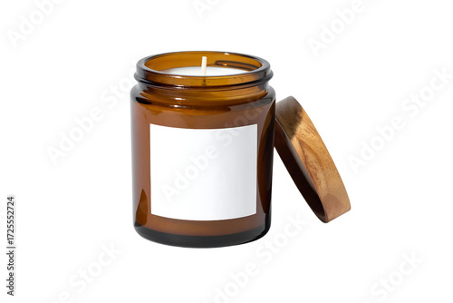Minimal Glass Candle Jar with Blank Label Isolated on White Background