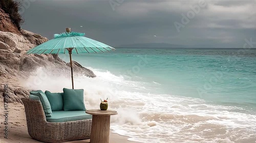 A beach scene with a blue umbrella and a table with a drink and a coconut on it. The ocean is in the background and the waves are crashing