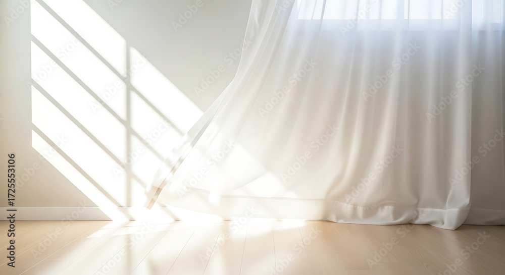 Obraz premium Illustration of sunlight streaming through a sheer white curtain, casting diagonal shadows on a wall and floor
