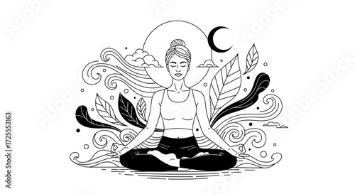 Woman meditating in lotus position with moon, plants and natural elements illustration