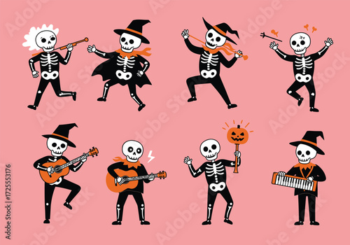 Vector art of skeletons in festive attire play instruments and dance with joy, creating a lively Halloween scene against a clean background the skeletons wear hats and scarves