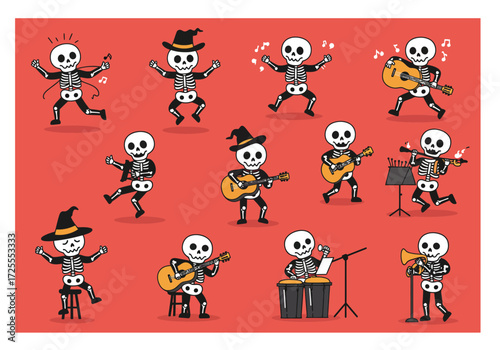 Vector art of skeletons in festive attire play instruments and dance with joy, creating a lively Halloween scene against a clean background the skeletons wear hats and scarves