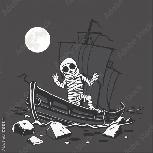 A mummy lurking in the shadows in a haunted shipwreck surrounded by blood-stained moon.