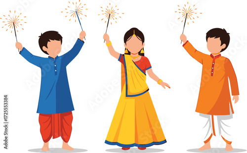 Joyful Indian children in colorful traditional attire celebrating a festival of lights with burning sparklers, isolated on a white background