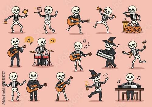 Vector art of skeletons in festive attire play instruments and dance with joy, creating a lively Halloween scene against a clean background the skeletons wear hats and scarves