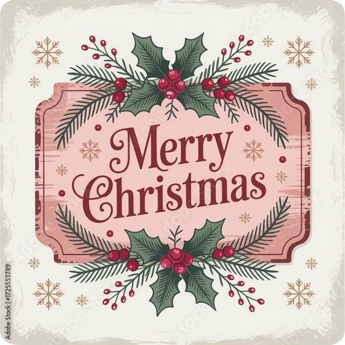 Vintage Merry Christmas card design featuring festive holly and snowflakes in a beautiful pastel color palette.
