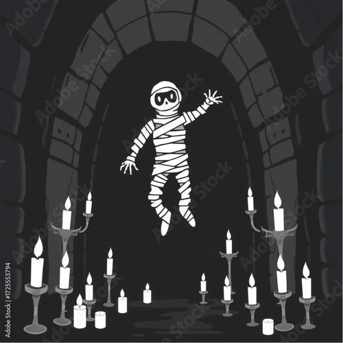 A mummy hovering above the ground in a dark castle surrounded by floating candles.