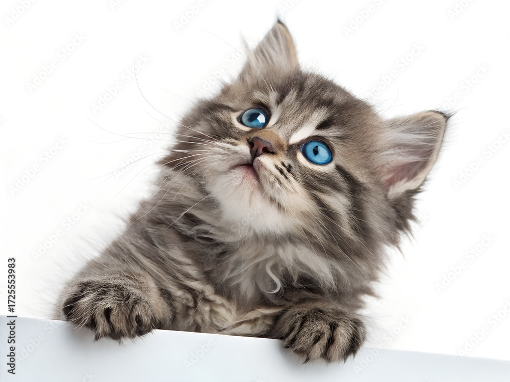 Fototapeta premium Adorable Fluffy Kitten with Striking Blue Eyes Peeking Over a White Surface in a Studio Setting