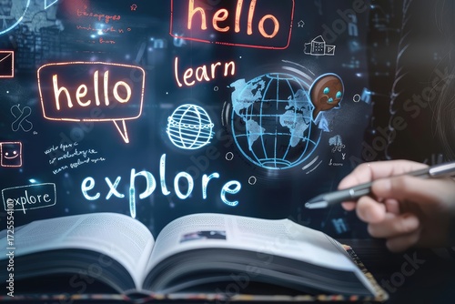 Computer display features free learning and circuit board design with bokeh lights in background for a digital styletool