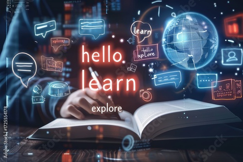 Computer display features free learning and circuit board design with bokeh lights in background for a digital styletool