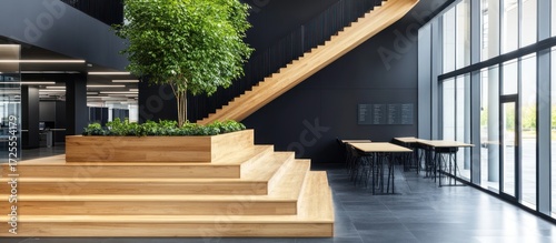 A modern interior space featuring a tree, stairs, and work tables. Large windows bring in natural light