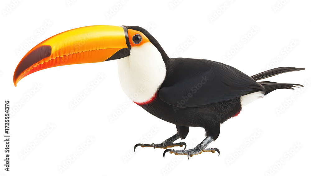 Fototapeta premium A toucan with a strikingly large orange and yellow beak stands proudly against a white background. its colorful plumage and lively demeanor. perfect for wildlife enthusiasts