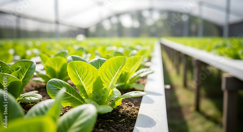Illustration of rows of young lettuce plants growing in a greenhouse, with a shallow depth of field highlighting the vibrant green leaves and soil