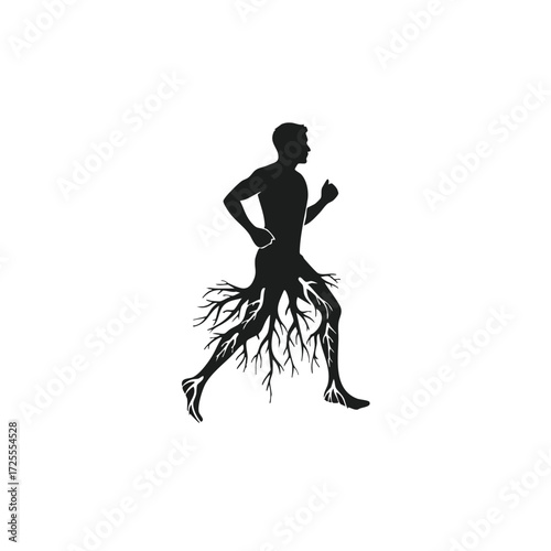 A dynamic silhouette of a runner with roots extending from the legs, symbolizing strength and connection to nature.