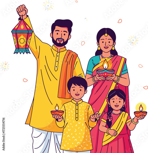 Celebrating Diwali with a Traditional Indian Family adorned in festive attire, holding oil lamps and a lantern, amidst sparks of light, symbolizing joy and togetherness during the festival of lights