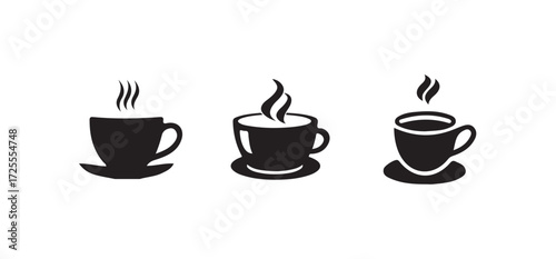 Simple black and white icon of a steaming cup of coffee, mug icon for cafe design,  Vector illustration EPS 10.
