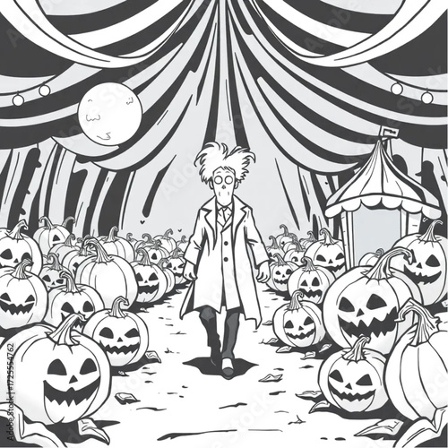 A mad scientist wandering aimlessly in a abandoned carnival surrounded by cursed pumpkins.