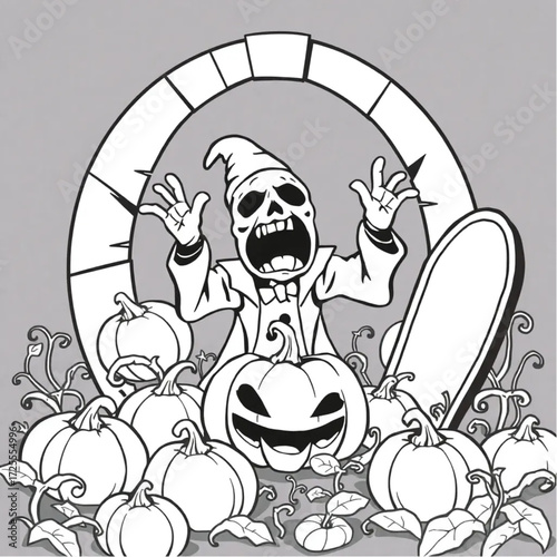 A mad scientist screaming silently in a pumpkin patch surrounded by broken mirror.