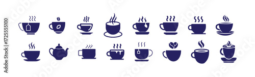 Simple black and white icon of a steaming cup of coffee, mug icon for cafe design,  Vector illustration EPS 10.
