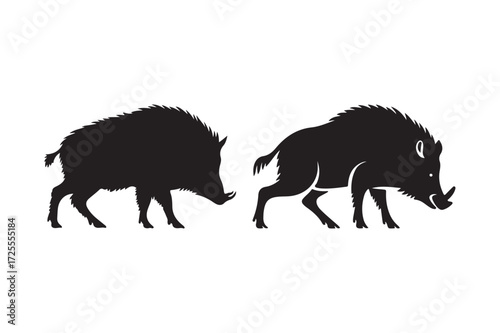 Two black silhouettes of wild boars on a white background