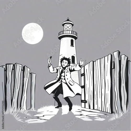 A mad scientist dancing under the moonlight in a haunted lighthouse surrounded by creaking wooden gate.