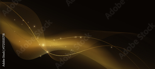 Abstract Golden Wavy Lines with Glitter on Black Background