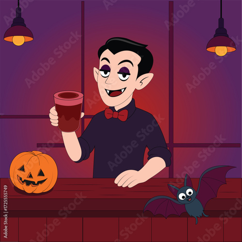 Vampire. Vampire bartender behind the bar counter with a pumpkin and a bat. Dark background. Vector illustration.