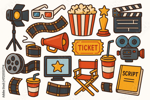 Cartoon Cinema Elements Illustration with Colorful Movie Props and Entertainment Icons