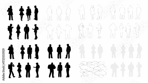 Diverse crowd of people in silhouette and outline, perfect for architectural renderings and urban planning visuals, offering a modern and scalable feel
