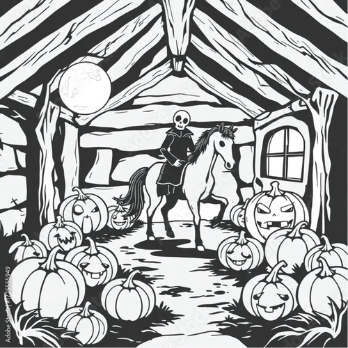 A headless horseman wandering aimlessly in a old witch's cabin surrounded by cursed pumpkins.