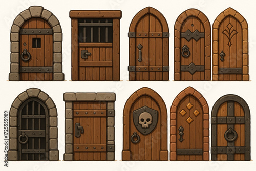 Fantasy Door Illustration with Medieval Designs, Ornate Details, and Stylized Architecture