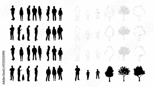 Diverse group of people outlines and silhouettes with trees add dimension to architectural plans and illustrations, perfect for urban planning projects