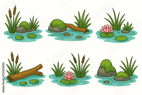 Wetland Scene Cartoon Illustration with Aquatic Plants, Logs, and Water Lilies