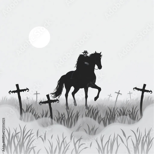 A headless horseman emerging from the fog in a cursed scarecrow field surrounded by swirling mist.