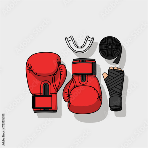 Collection of essential red boxing equipment with gloves, hand wraps, and mouthguard vector