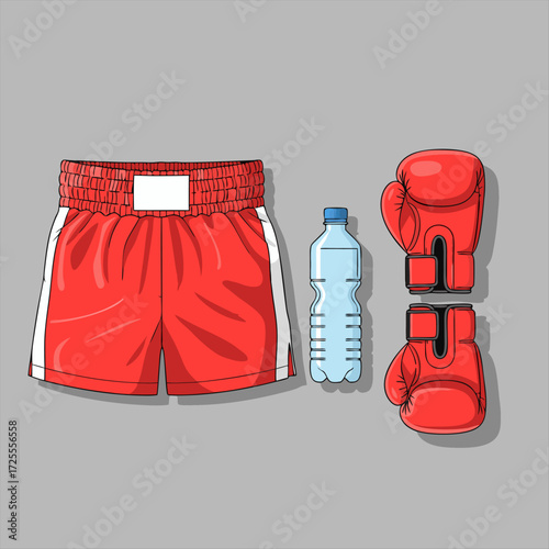 Vibrant cartoon boxing gear set including red shorts, gloves, and water bottle for intense training