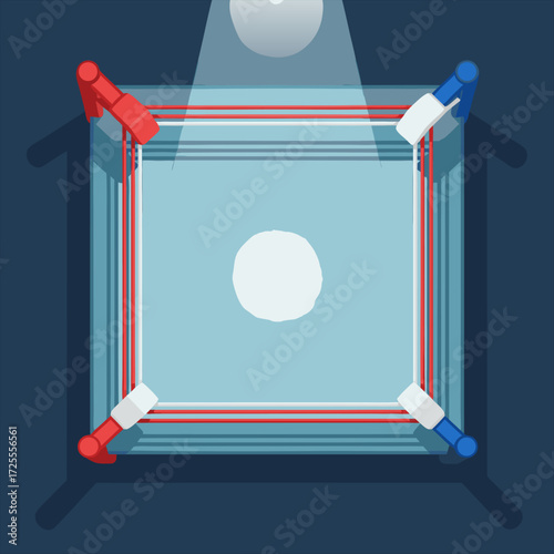 Top view of an empty boxing ring with a spotlight creating a dramatic competition concept