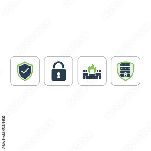 Cybersecurity Icons representing shield, padlock, firewall, and server security