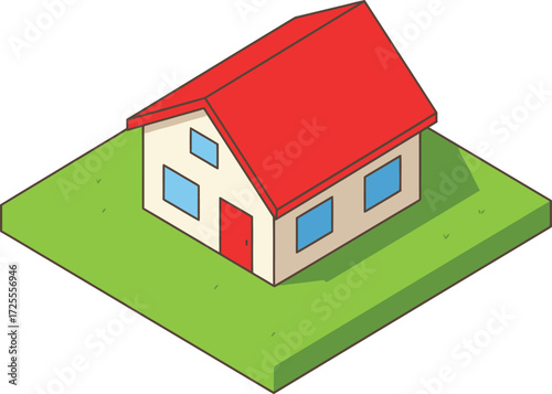 Charming isometric house with red roof on green lawn awaiting your design ideas isolated on transparent background