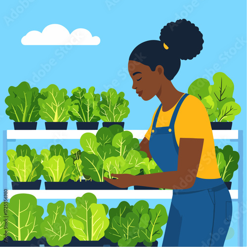 Lettuce plants on shelves and a Black woman farmer in overalls caring for them, under a clear blue sky with a white cloud.