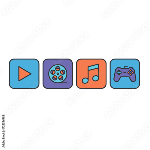 Vibrant collection of modern line art icons representing digital entertainment, multimedia content, music, video, and gaming experiences for various applications and platforms