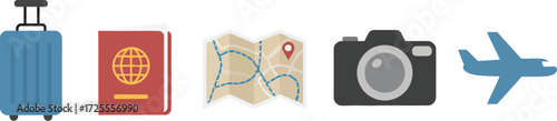 Travel icons illustrating globetrotting adventures and vacation planning, including a suitcase, passport, map, camera, and airplane for your next journey