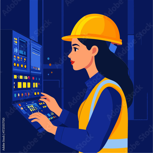 Control panel being operated by a female engineer in a yellow hard hat and safety vest, in a dark environment with blue accents, industrial illustration.