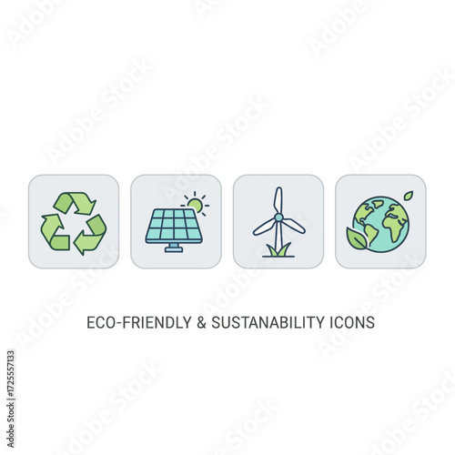 Eco-friendly and sustainability vector icons, featuring symbols for recycling, solar energy, wind power, and global environmental protection for green initiatives
