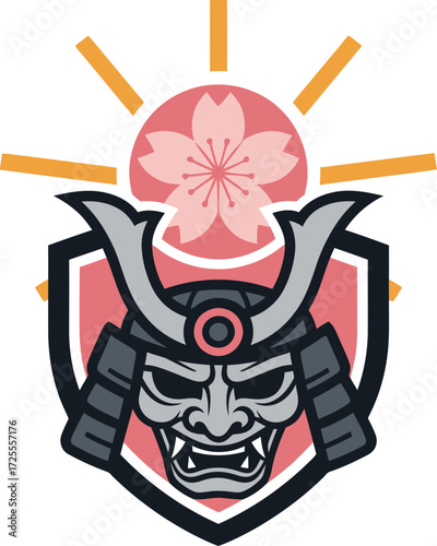 Samurai Warrior Mask with Cherry Blossom and Sun Symbol.